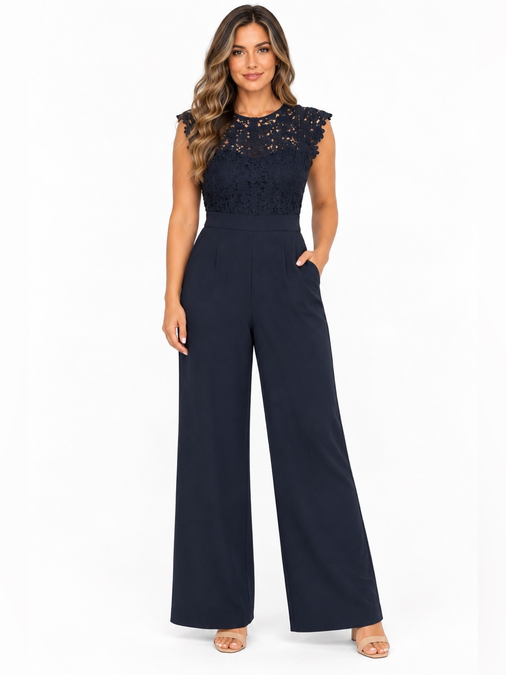 Eliza J Wide-Leg Lace Jumpsuit – Size 4 – Navy